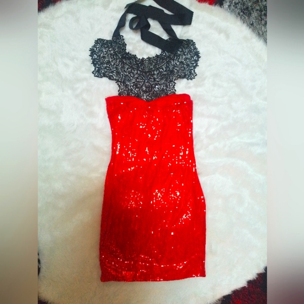 Red and black shiny satin sequence back out classy dress